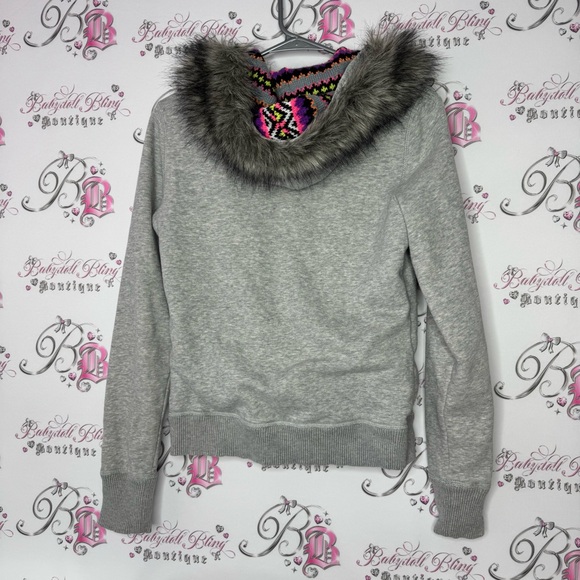 Aeropostale hoodie fur trim hood knit crochet neon inside hood zip up sweater - Picture 3 of 14